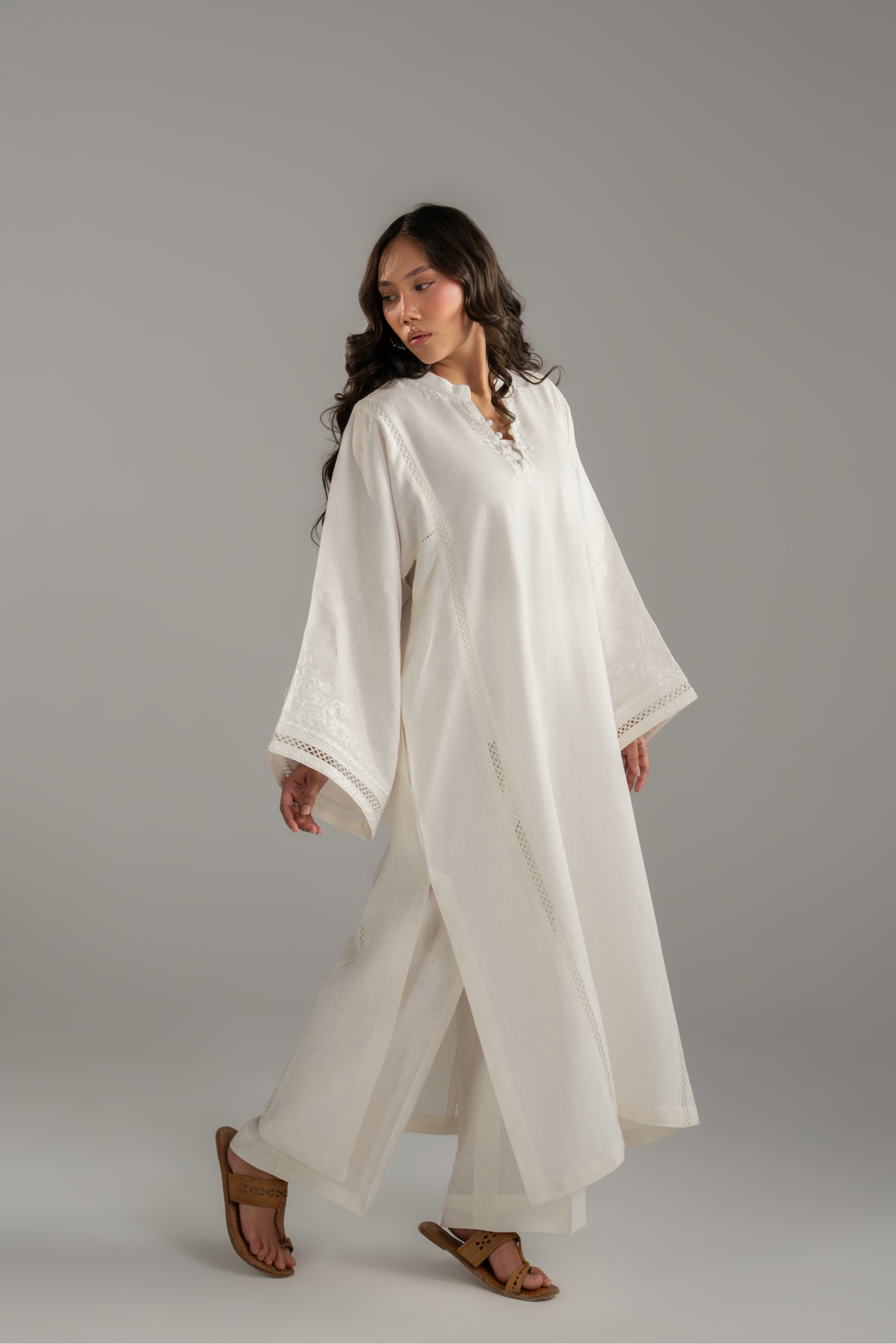 Long Embroidered Shirt with Lace Inserts