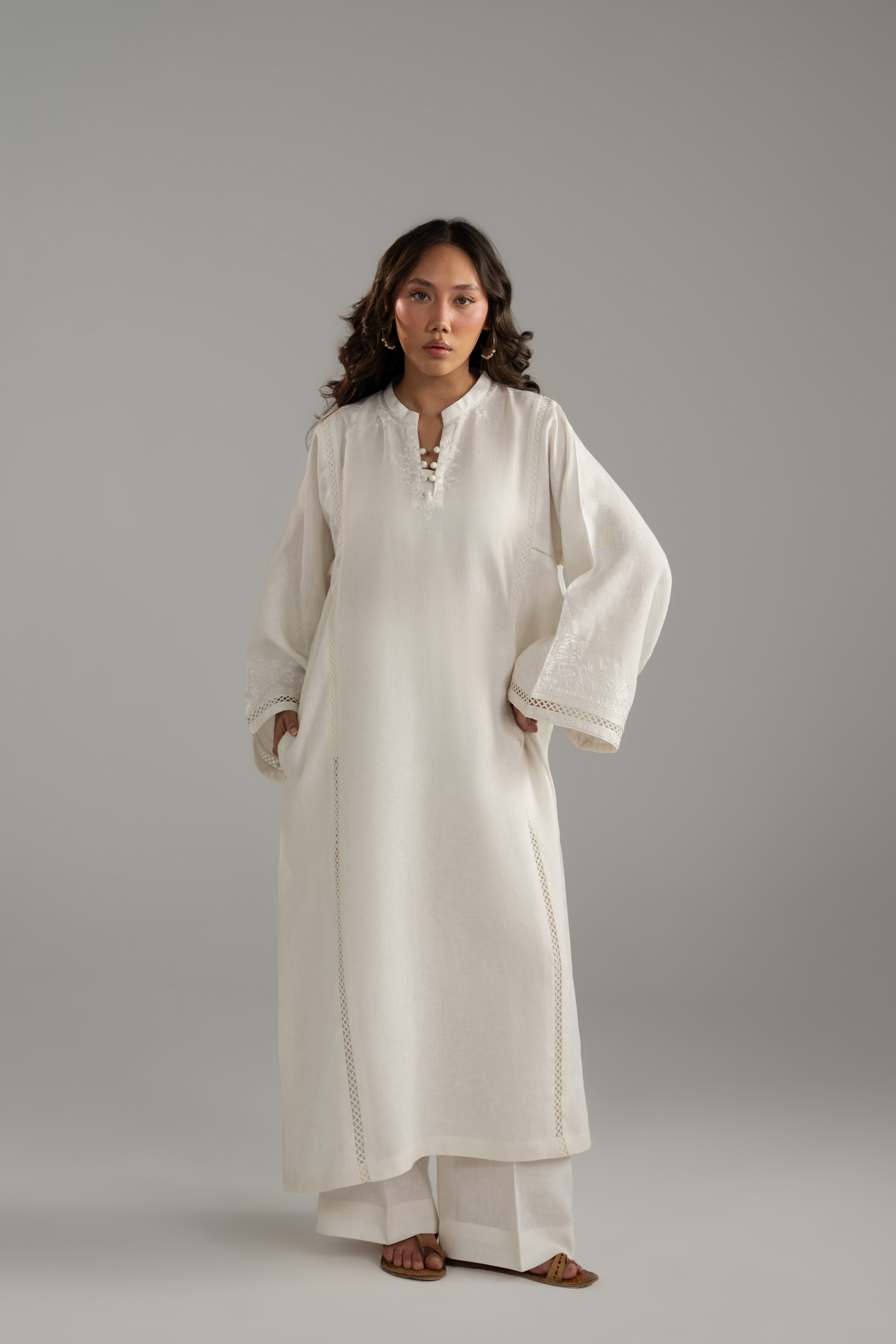 Long Embroidered Shirt with Lace Inserts