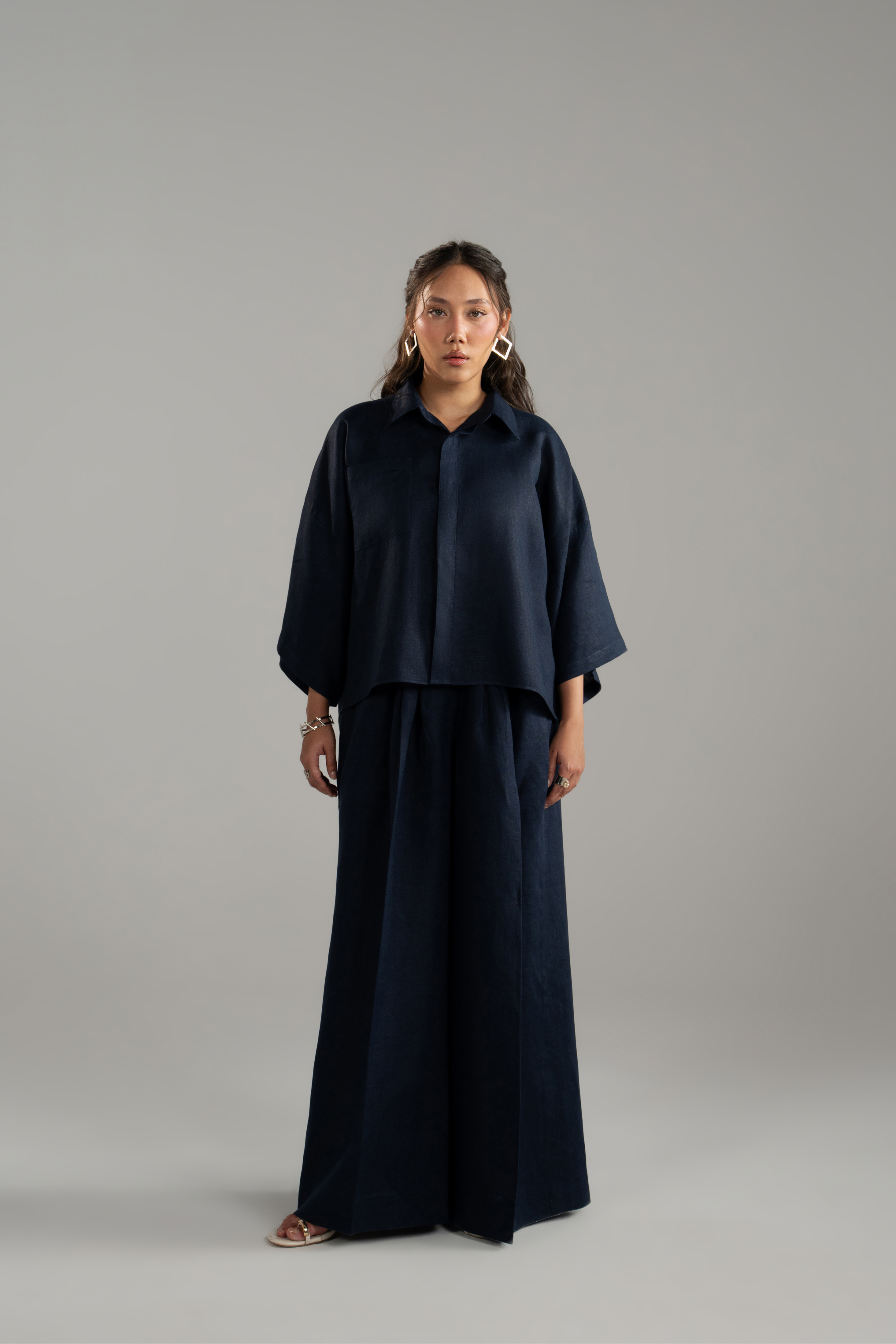 Linen Cropped Shirt and Wide Trouser Set