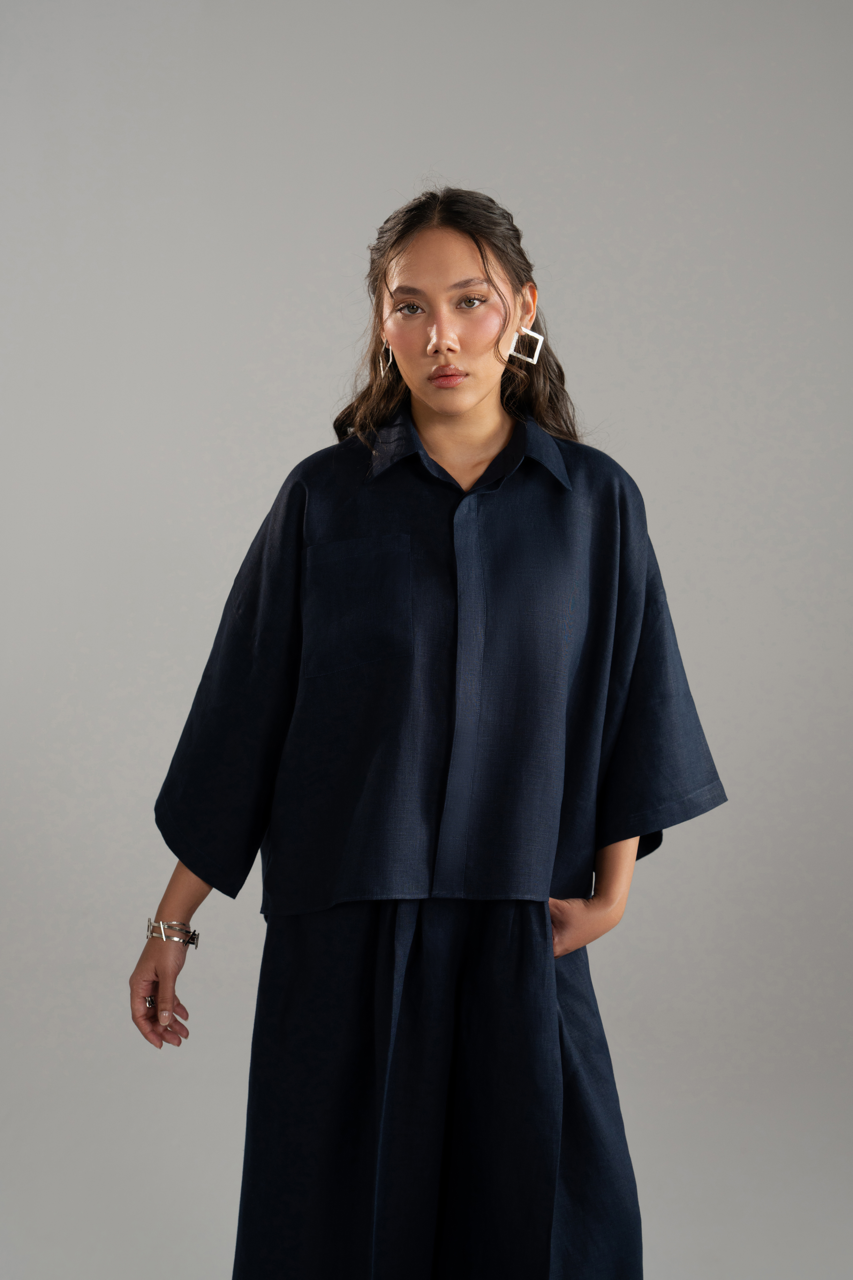 Linen Cropped Shirt and Wide Trouser Set