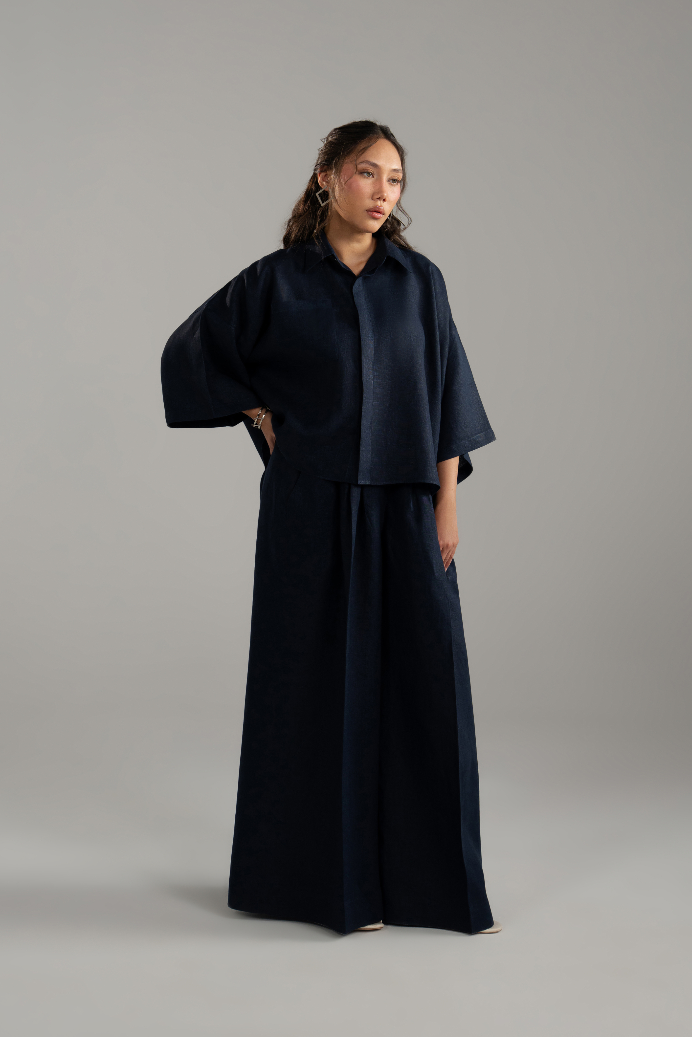 Linen Cropped Shirt and Wide Trouser Set