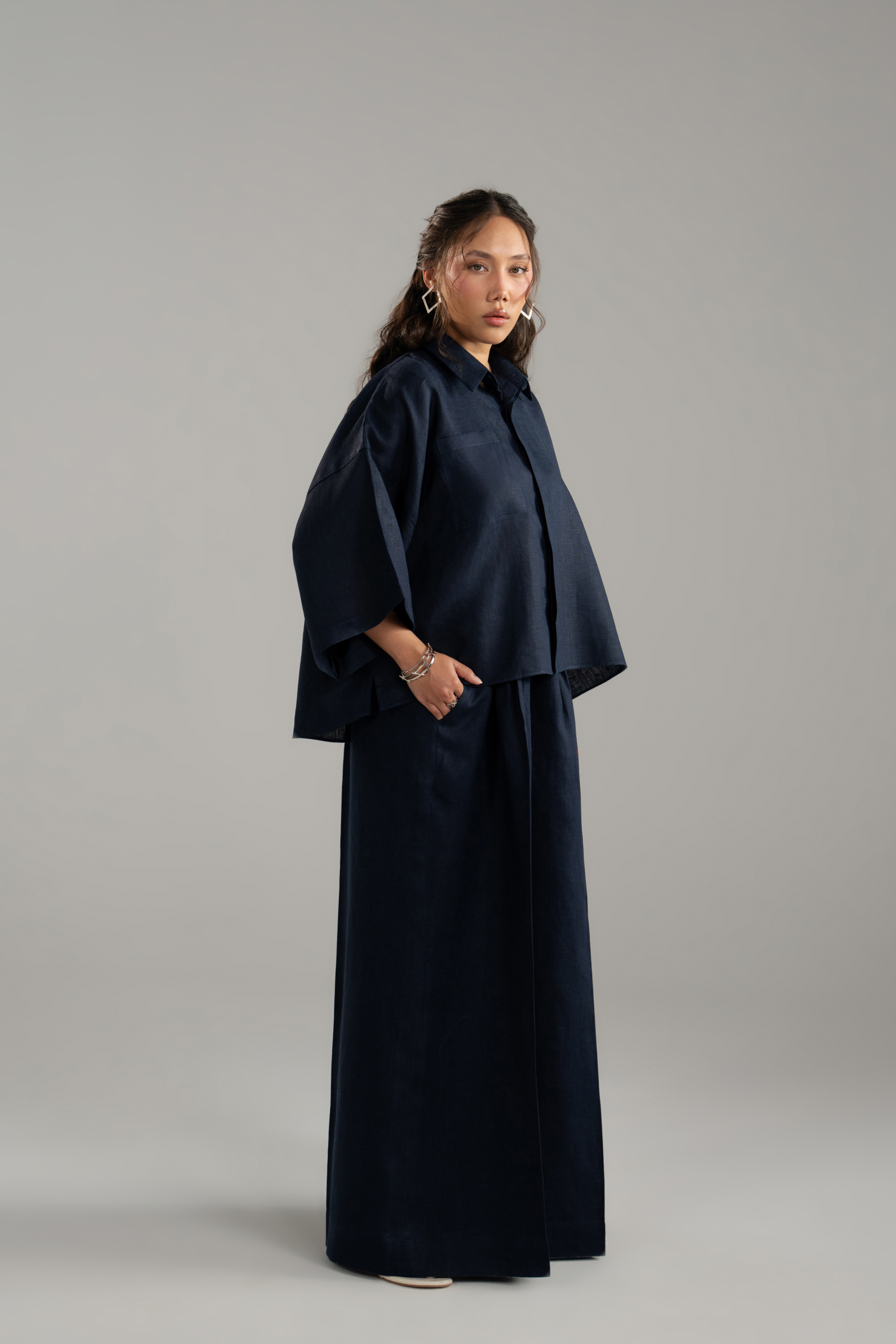 Linen Cropped Shirt and Wide Trouser Set