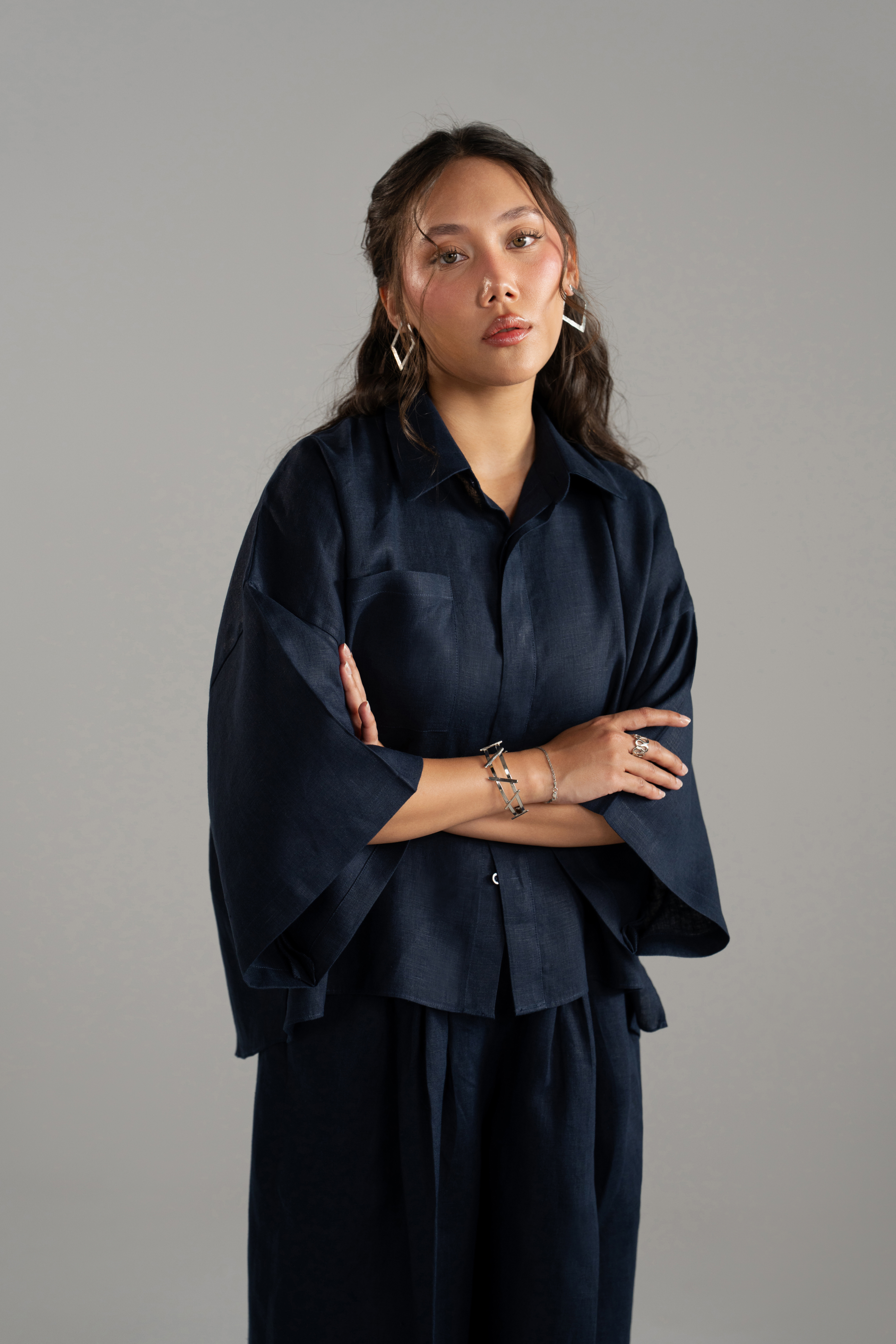 Linen Cropped Shirt and Wide Trouser Set