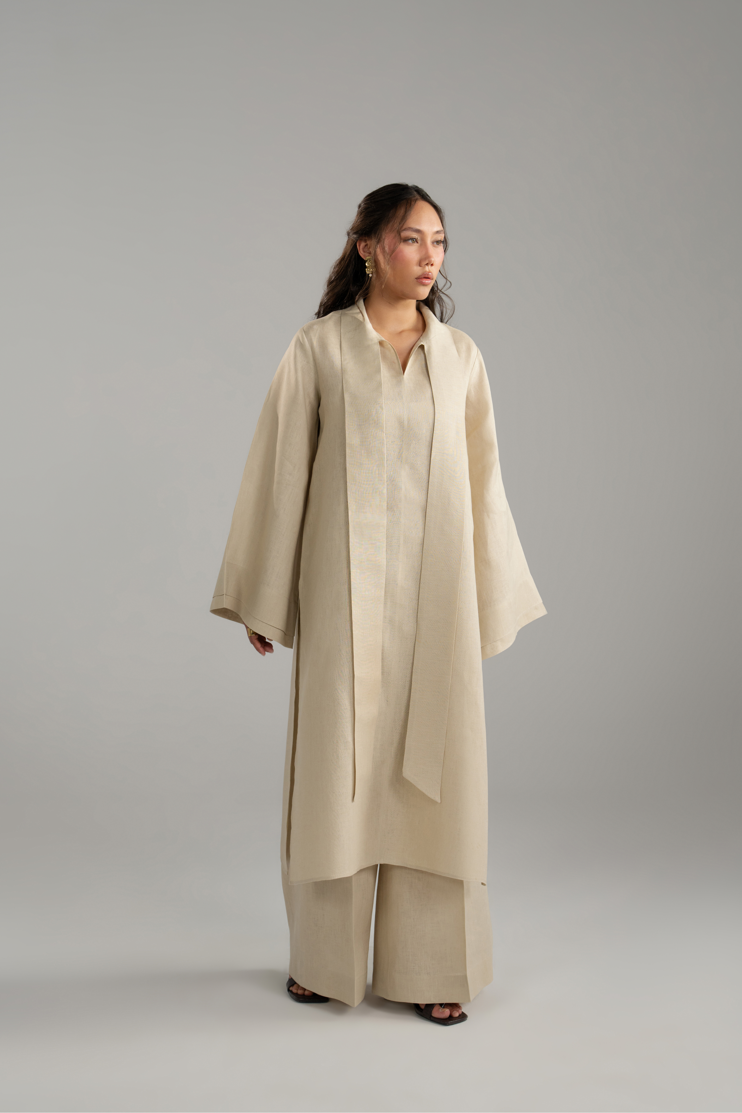 Beige Long tunic with Scarf Set