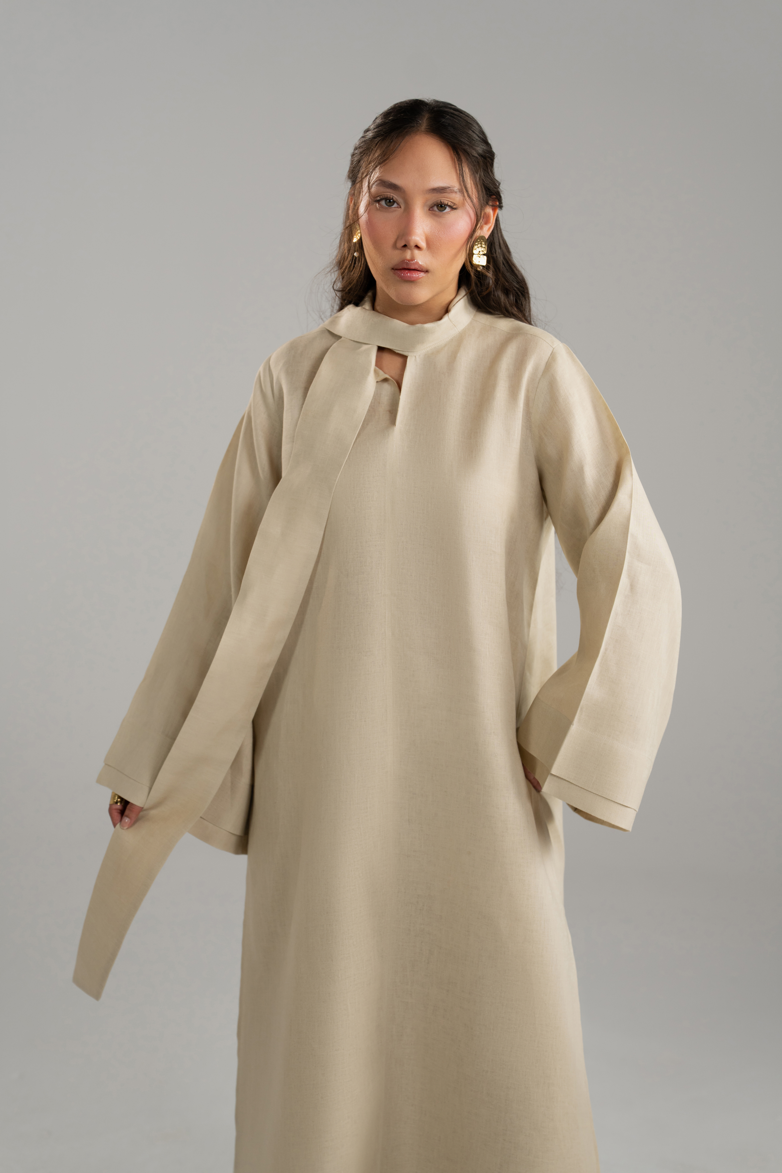 Beige Long tunic with Scarf Set