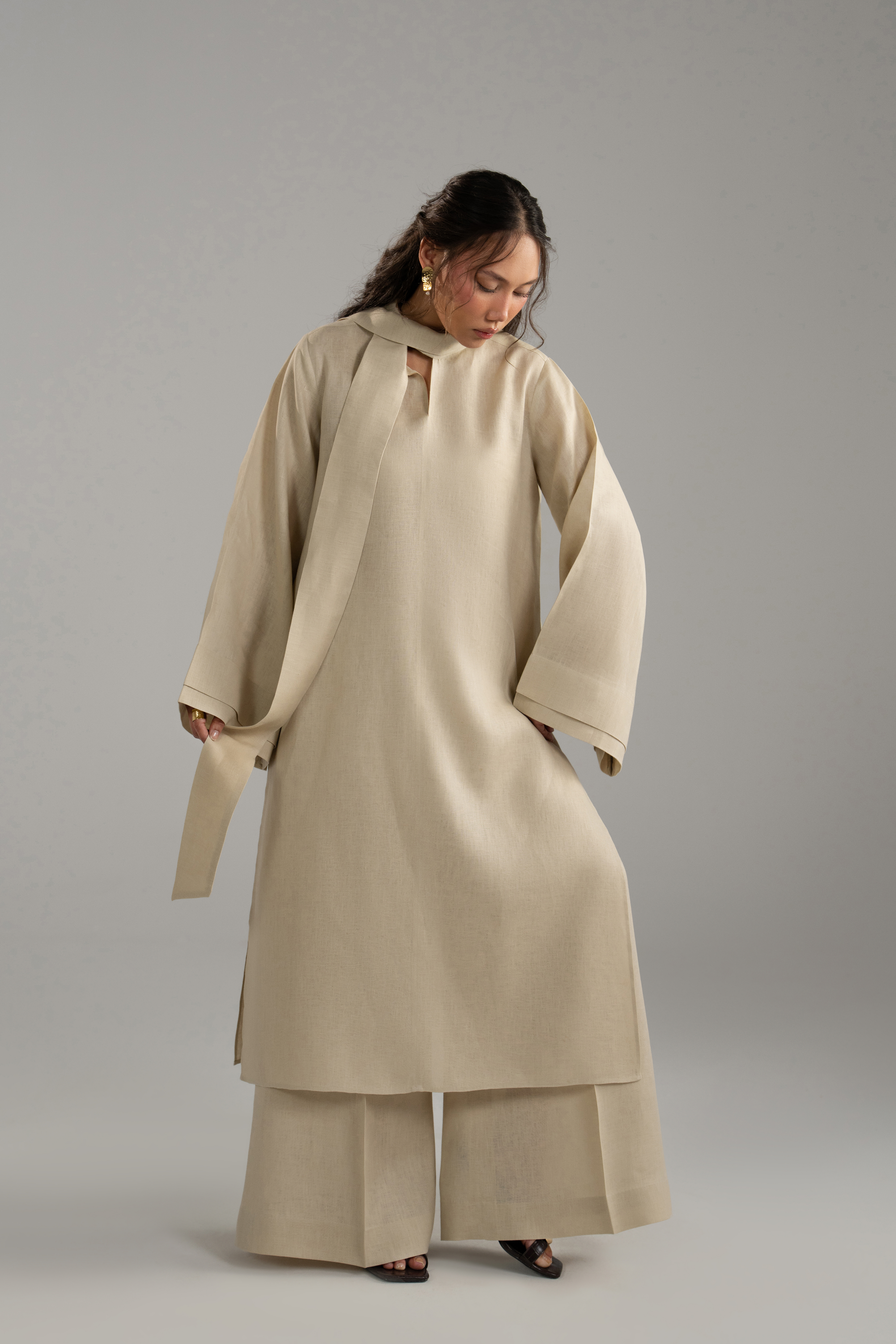 Beige Long tunic with Scarf Set