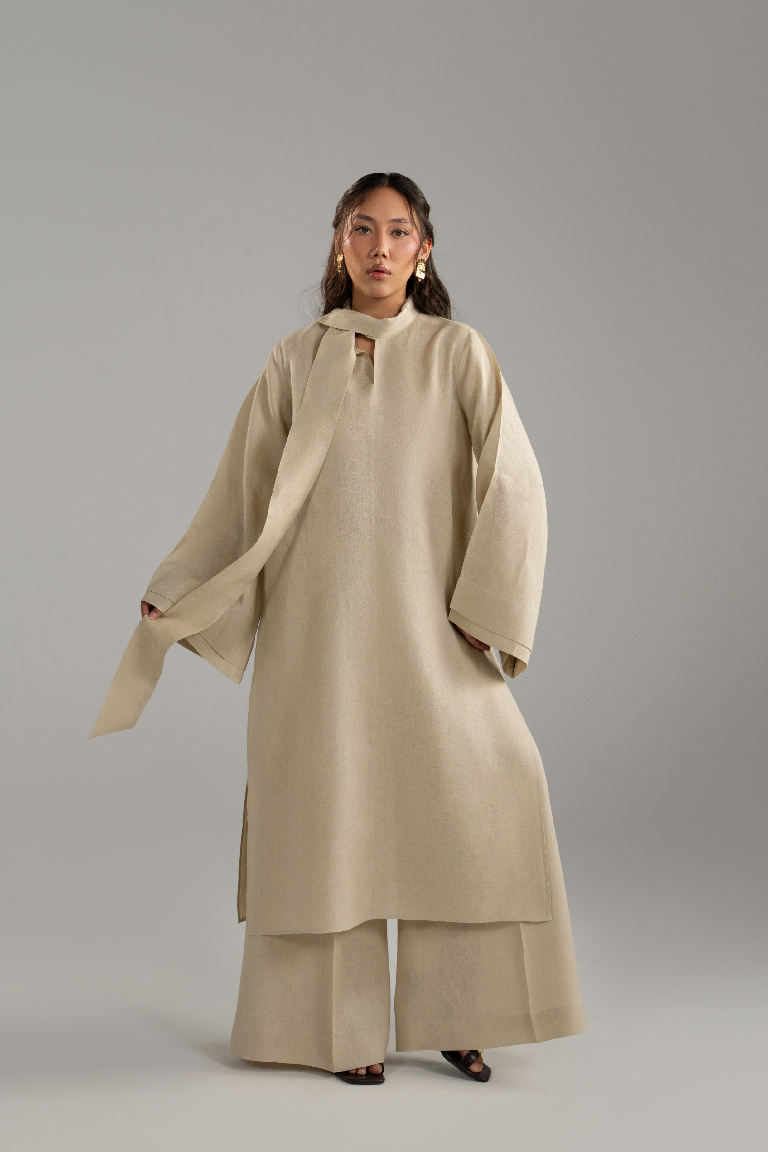 Beige Long tunic with Scarf Set