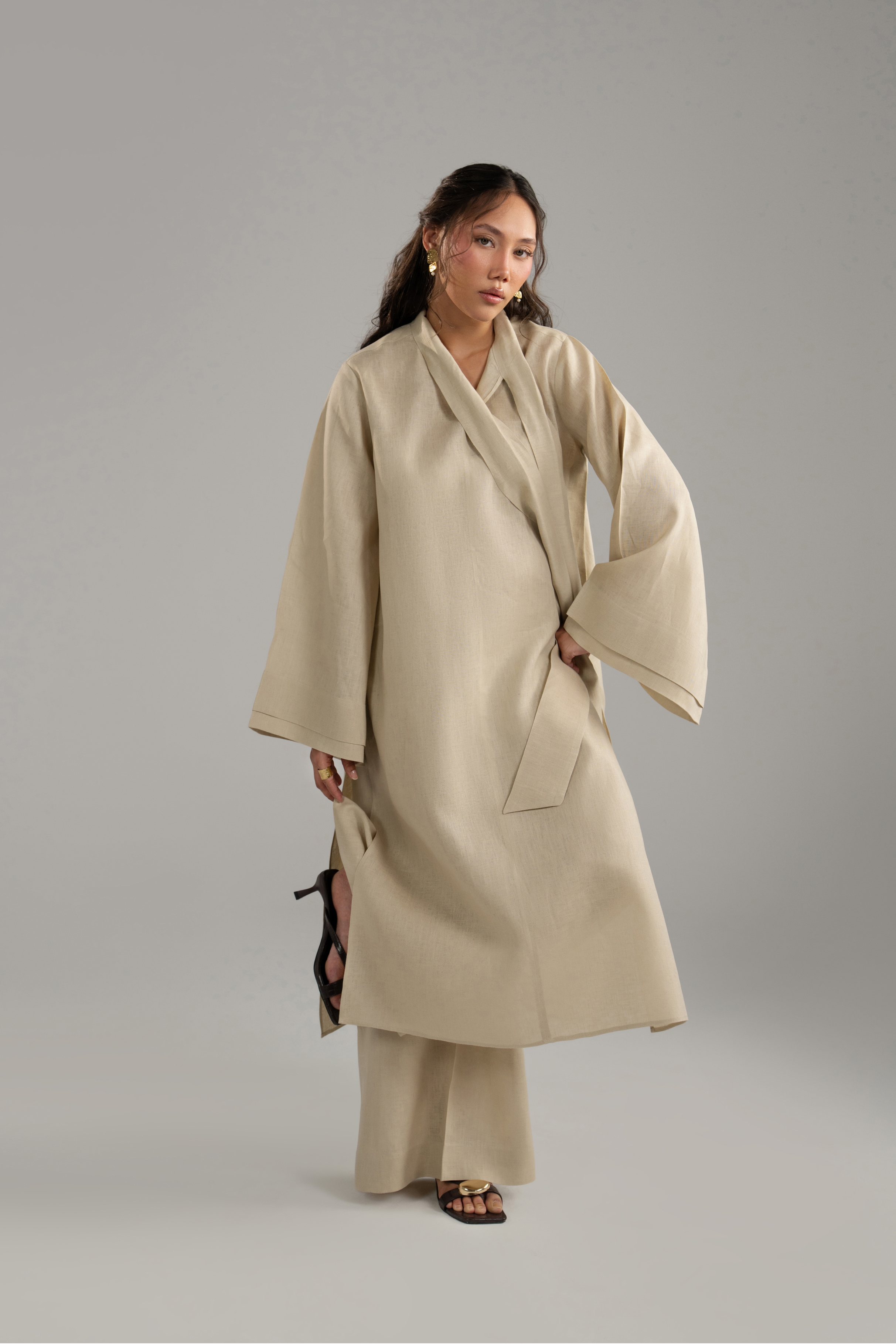 Beige Long tunic with Scarf Set