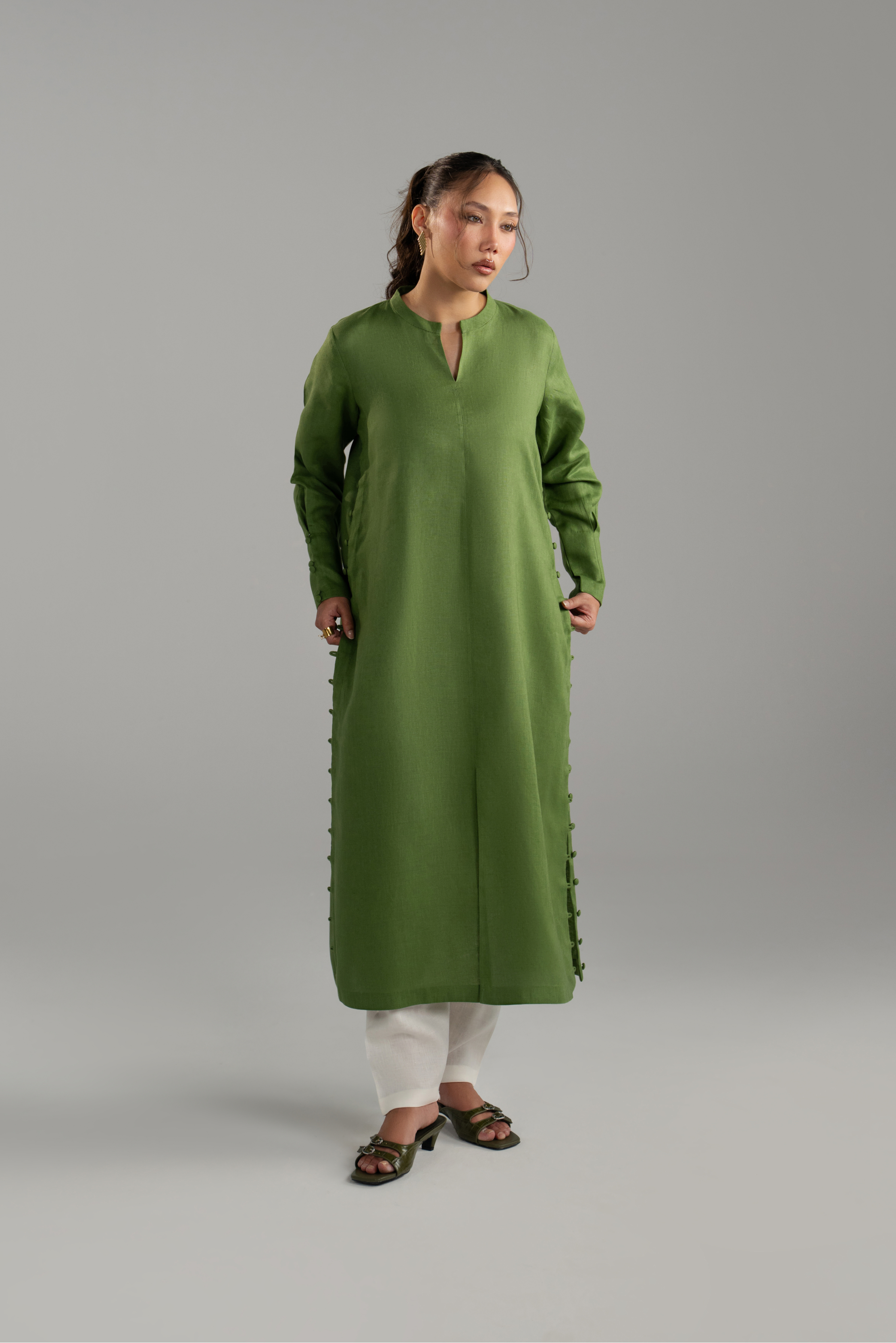 Green Longline Button Detail Set