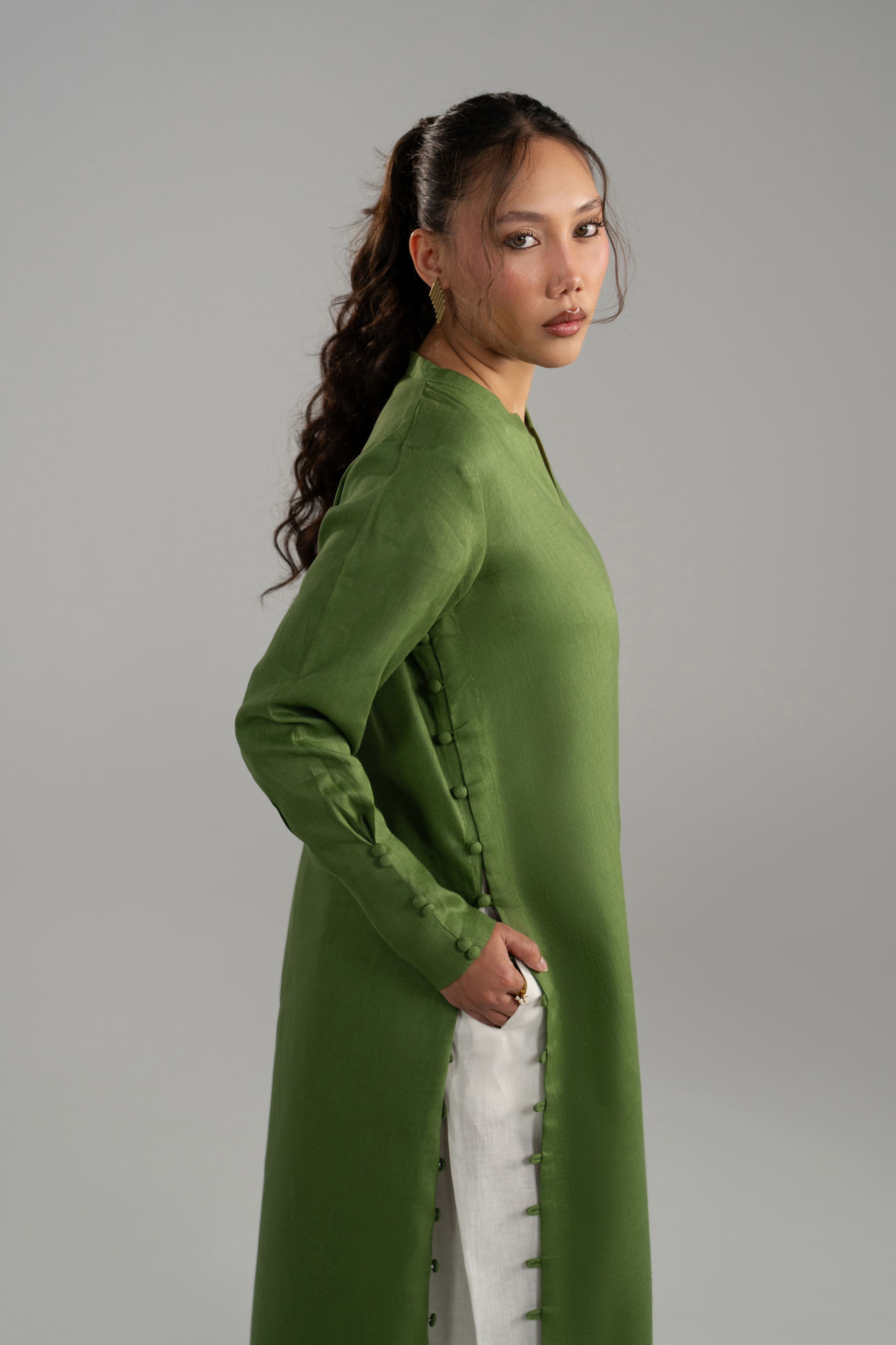 Green Longline Button Detail Set