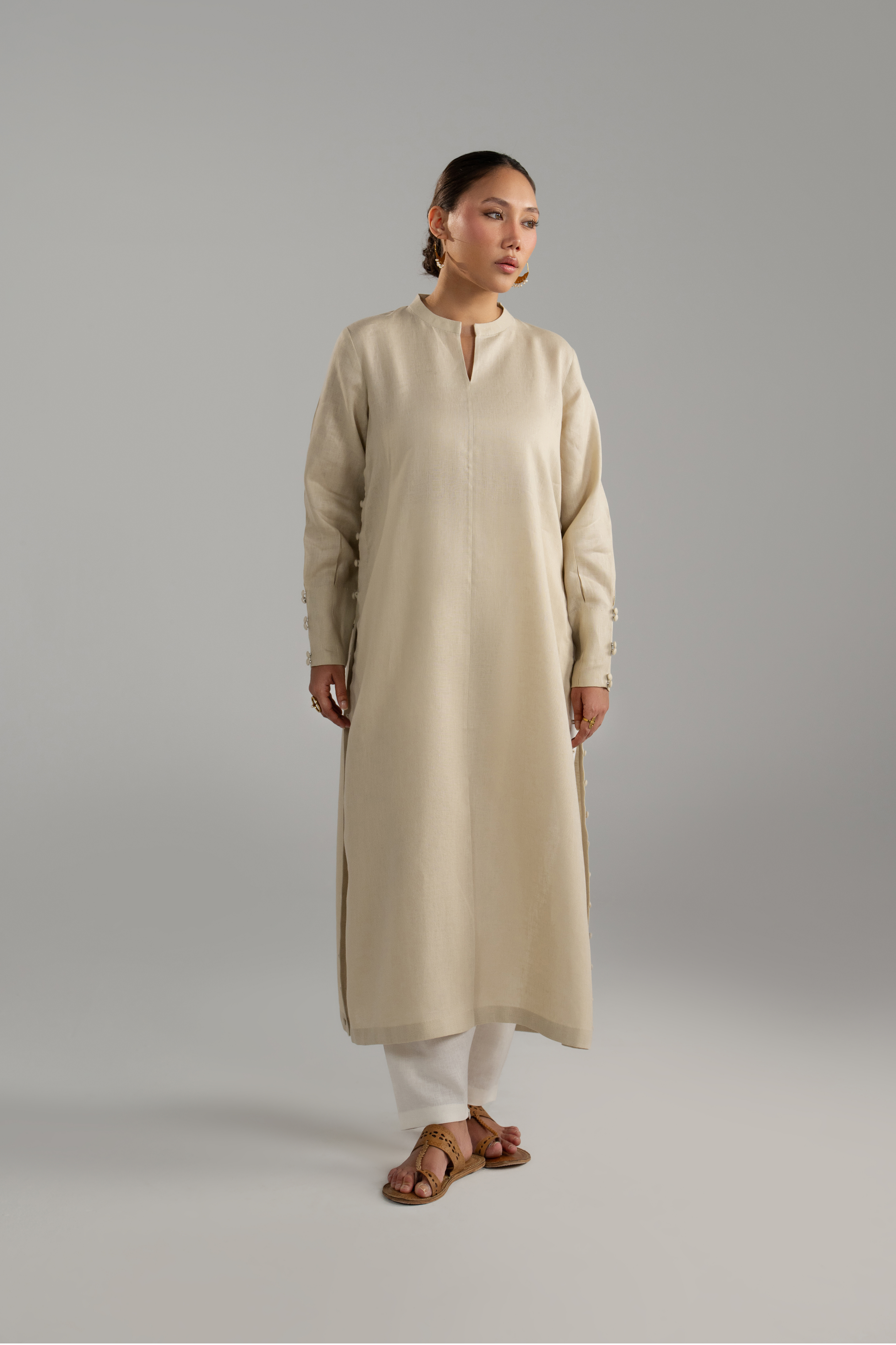 Beige Longline Button Detail Set