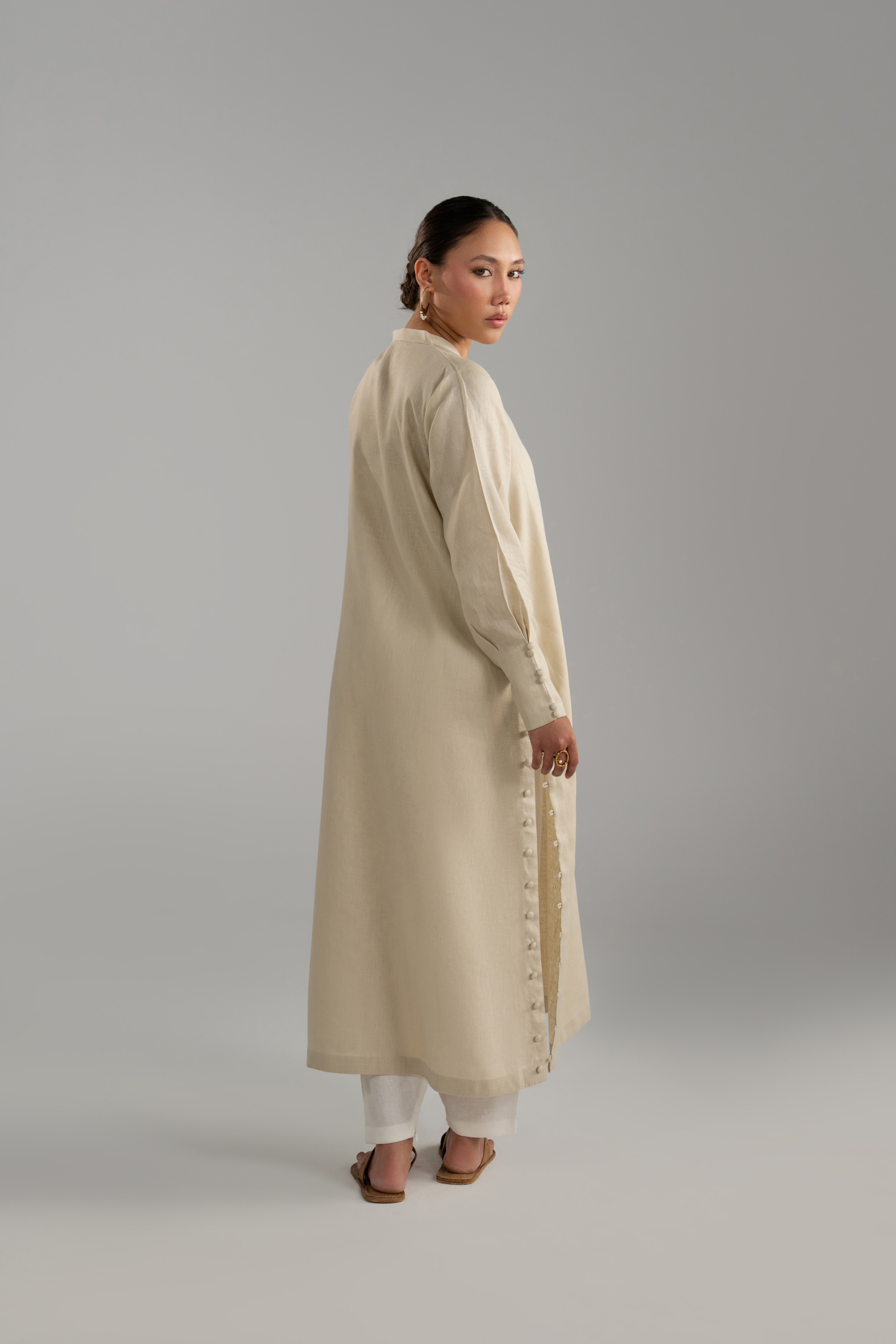 Beige Longline Button Detail Set
