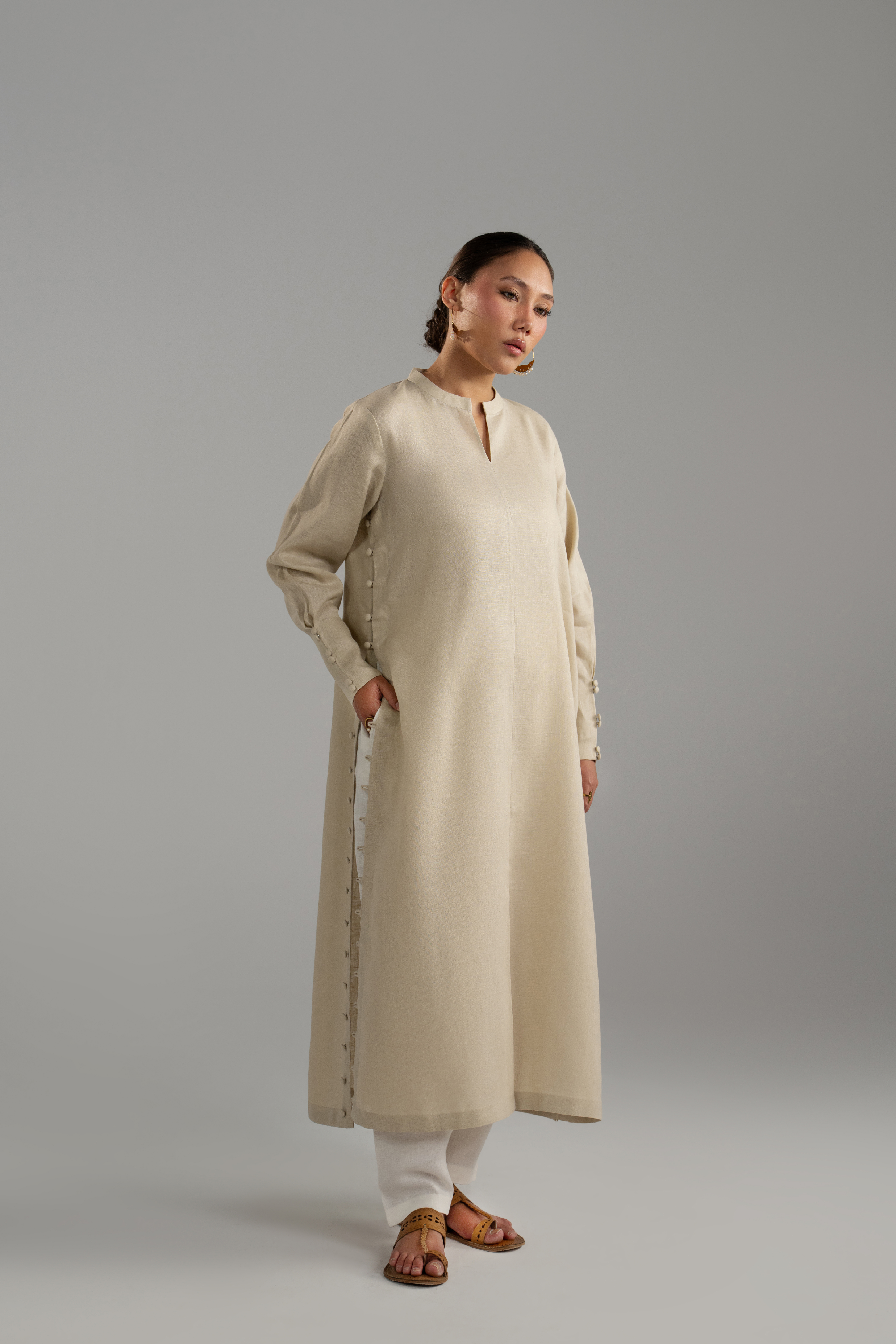 Beige Longline Button Detail Set