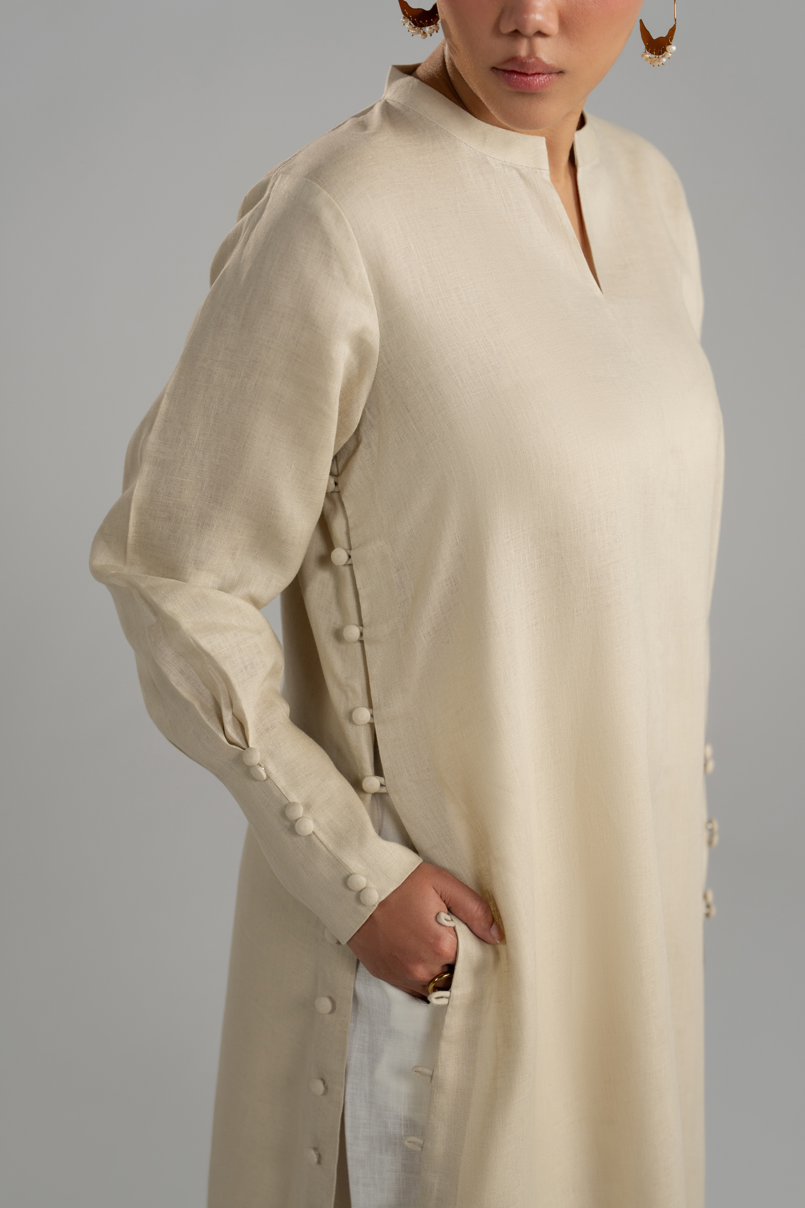 Beige Longline Button Detail Set
