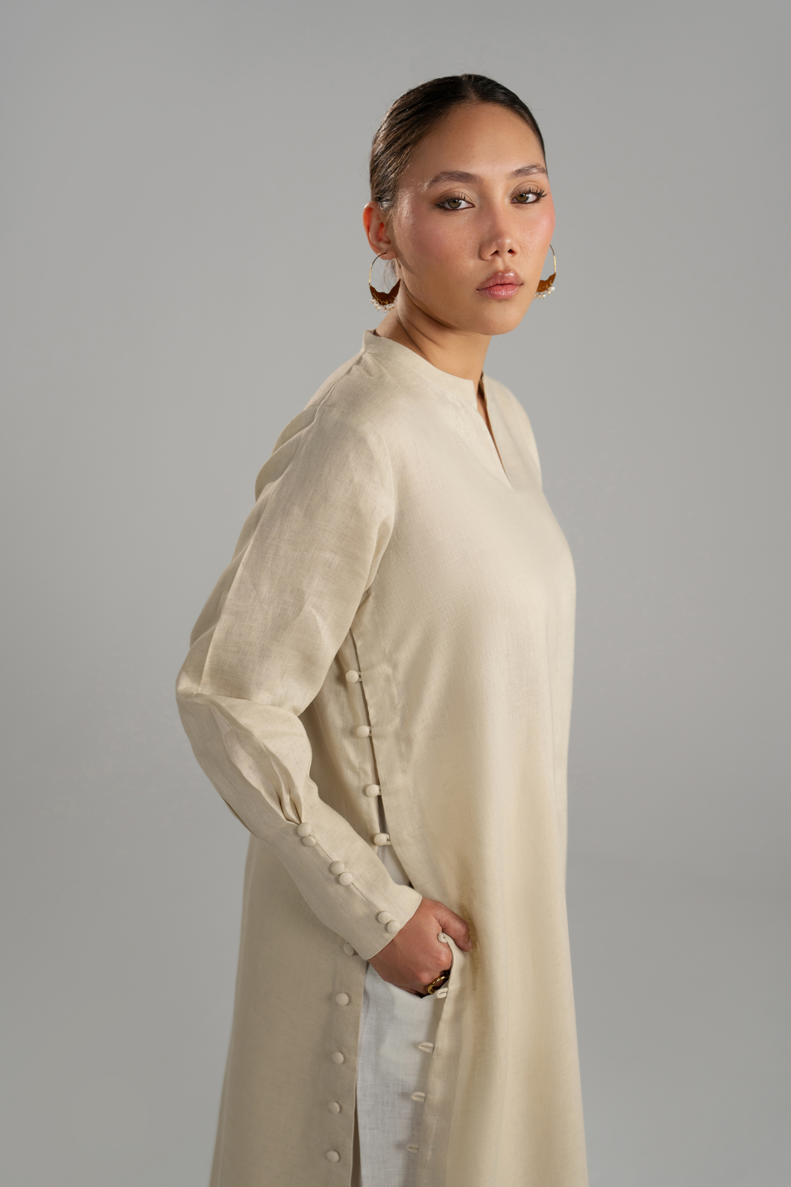 Beige Longline Button Detail Set