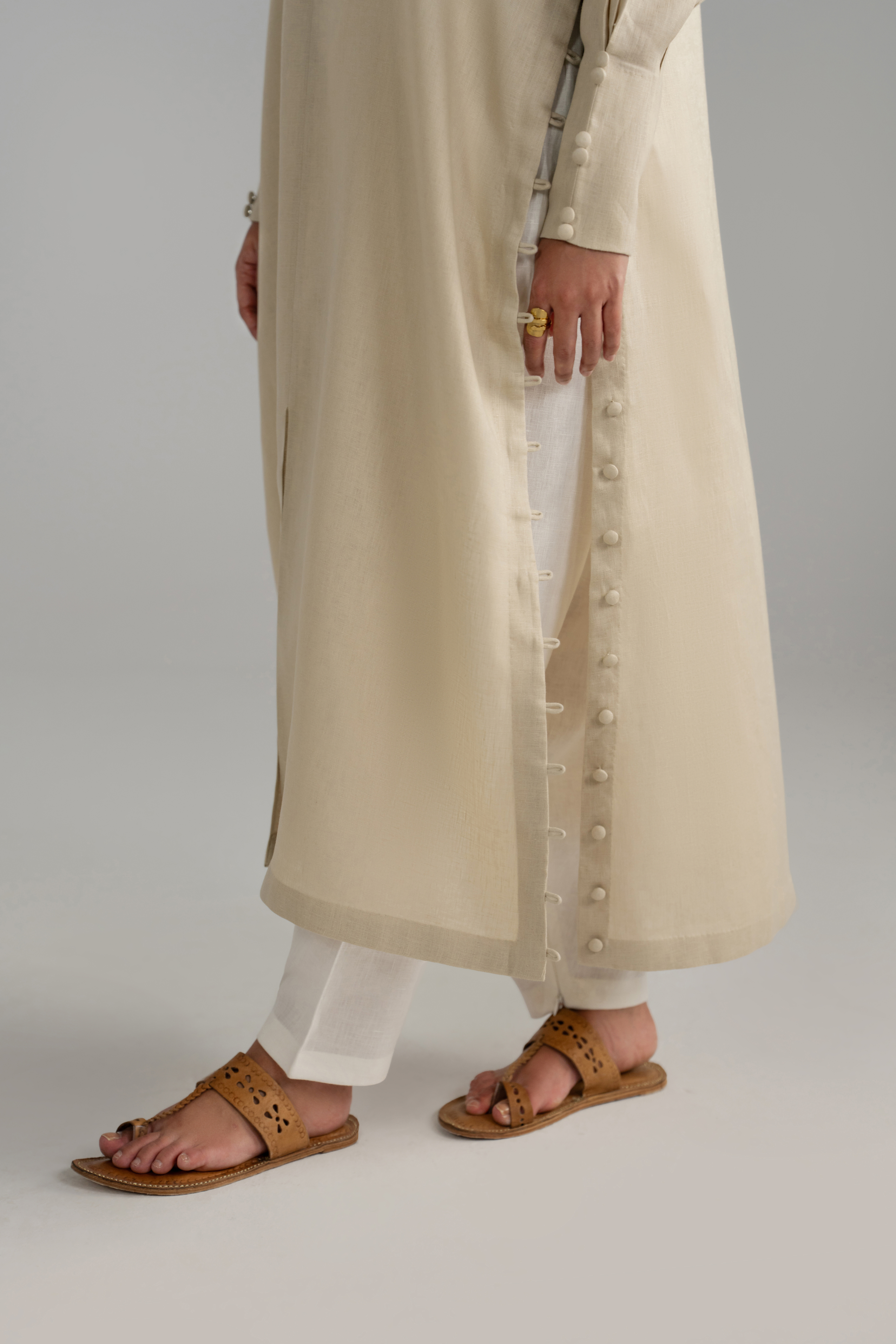 Beige Longline Button Detail Set