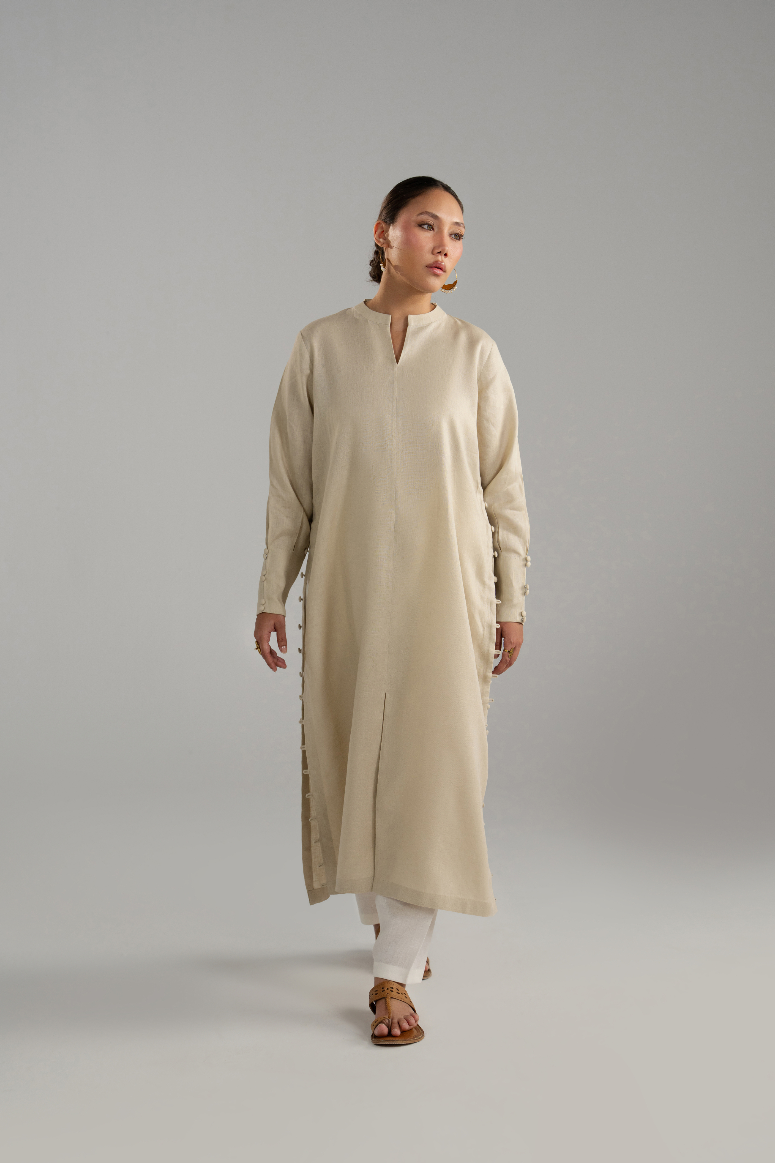 Beige Longline Button Detail Set
