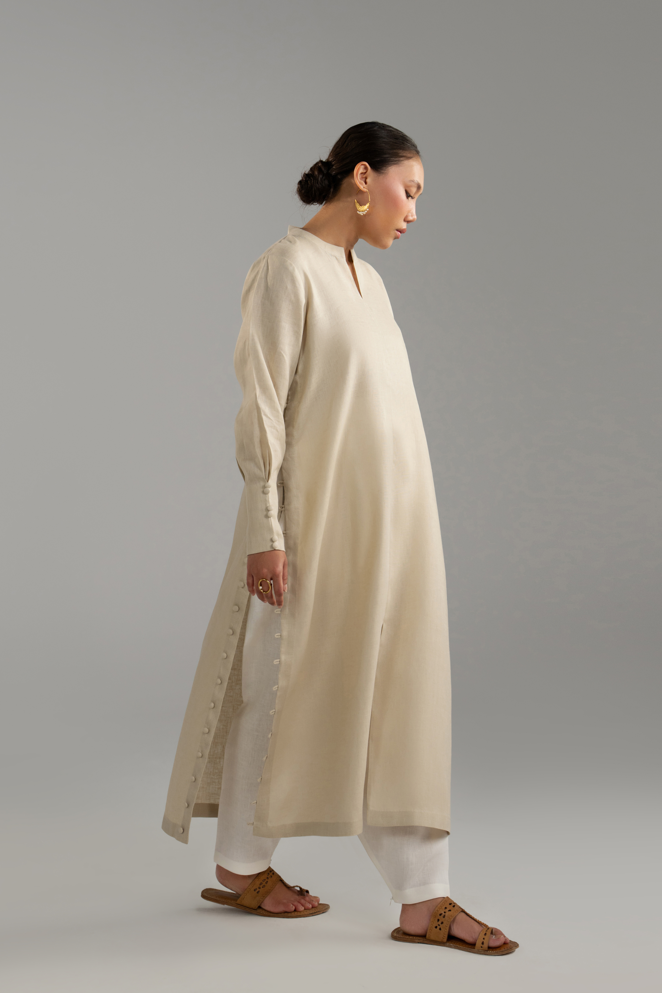 Beige Longline Button Detail Set