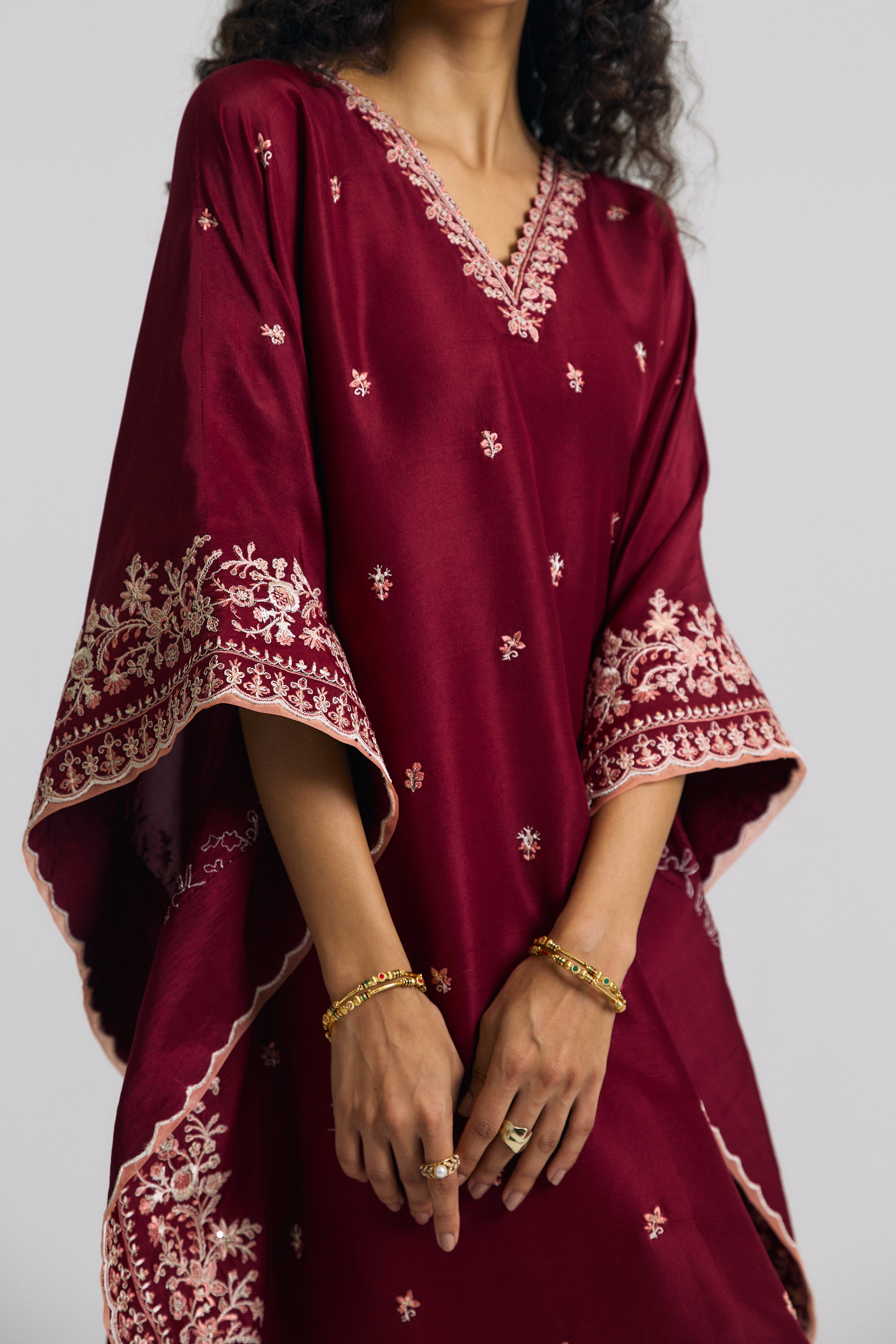 Burgundy Kaftan | Pure Silk Pakistani Kaftan Dress UK