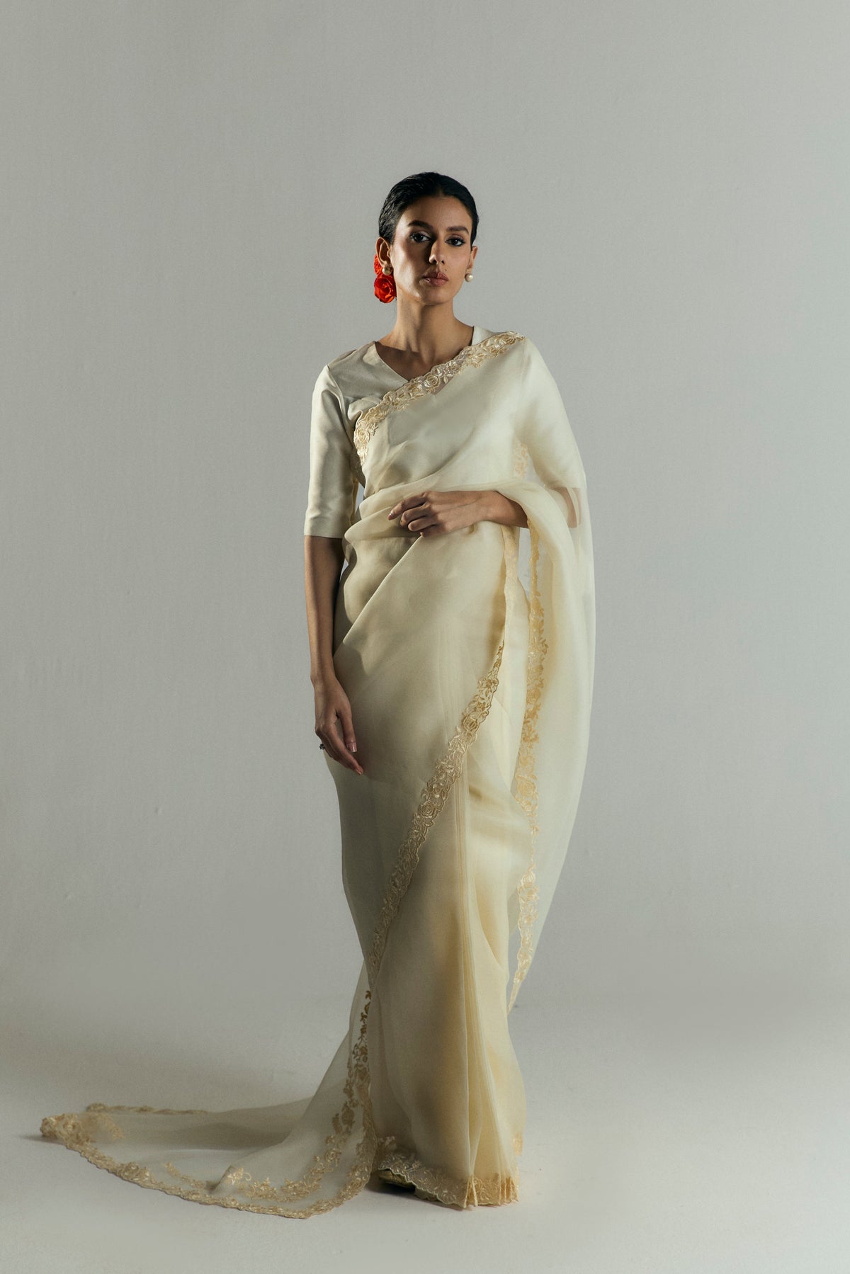Mannam Chantilly Sari Set — chantilly-coloured organza sari with gold Ghara-style floral embroidered border, front view