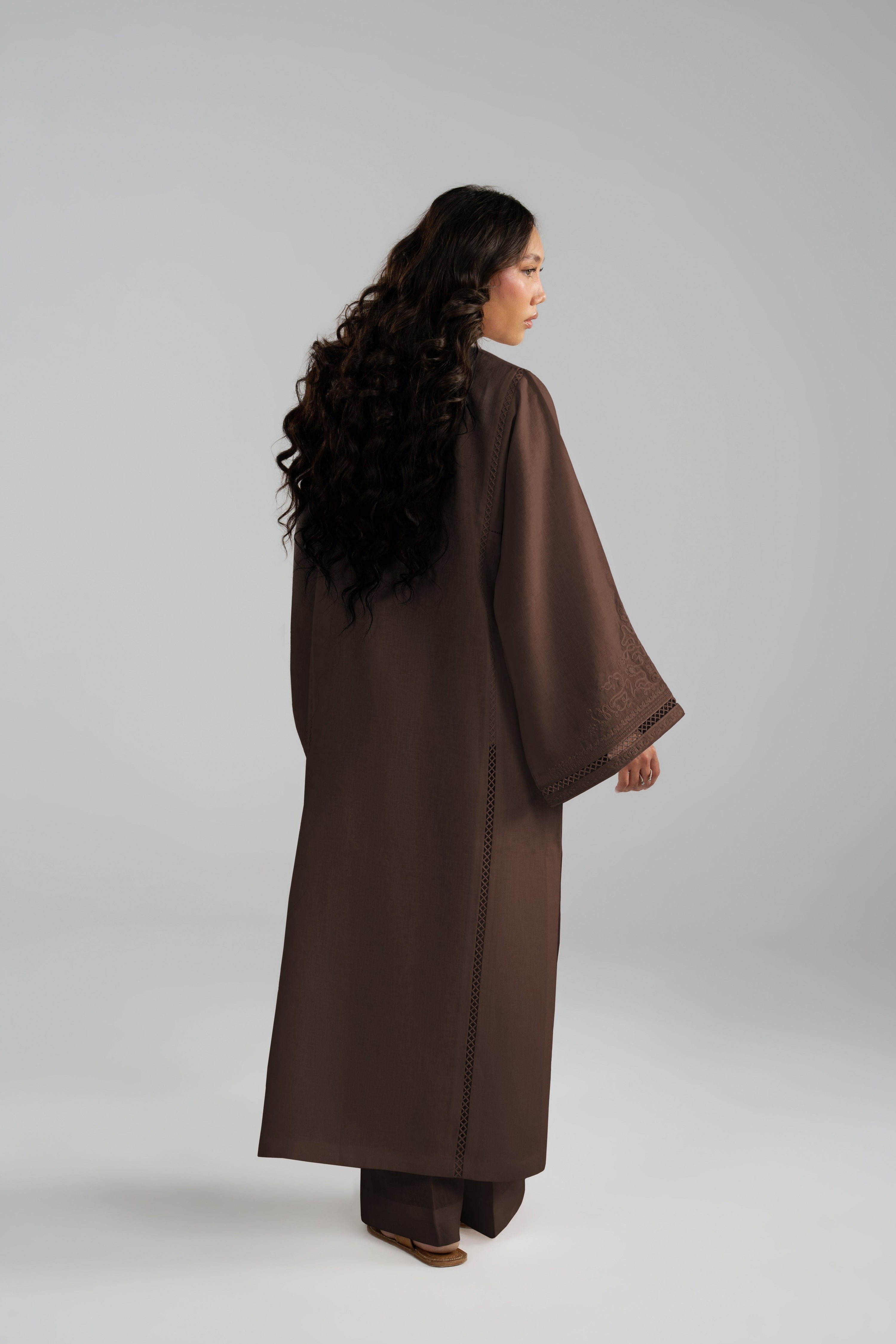 Back and side view of the Maple Set showing the flowing hemline and straight-leg trousers
