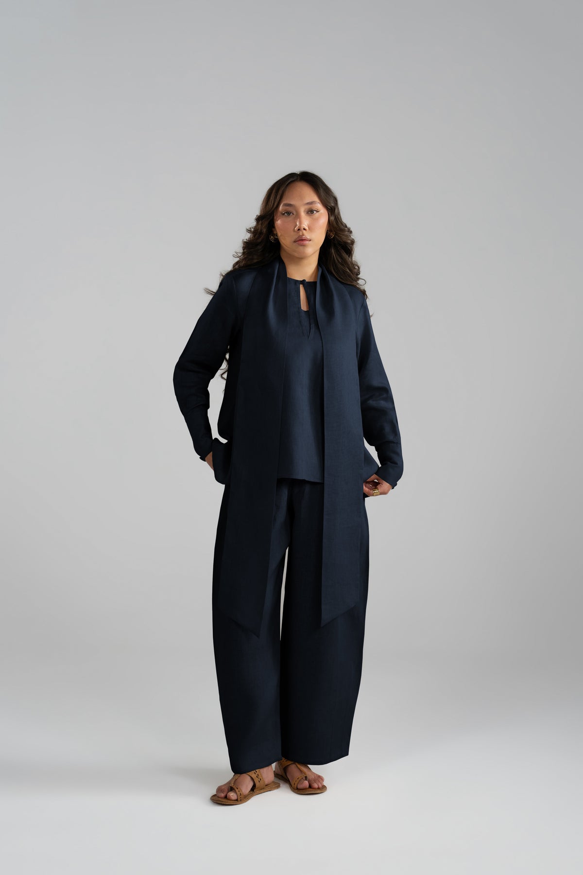 Navy linen three piece suit with keyhole neckline shirt and balloon trousers, women's linen co-ord set