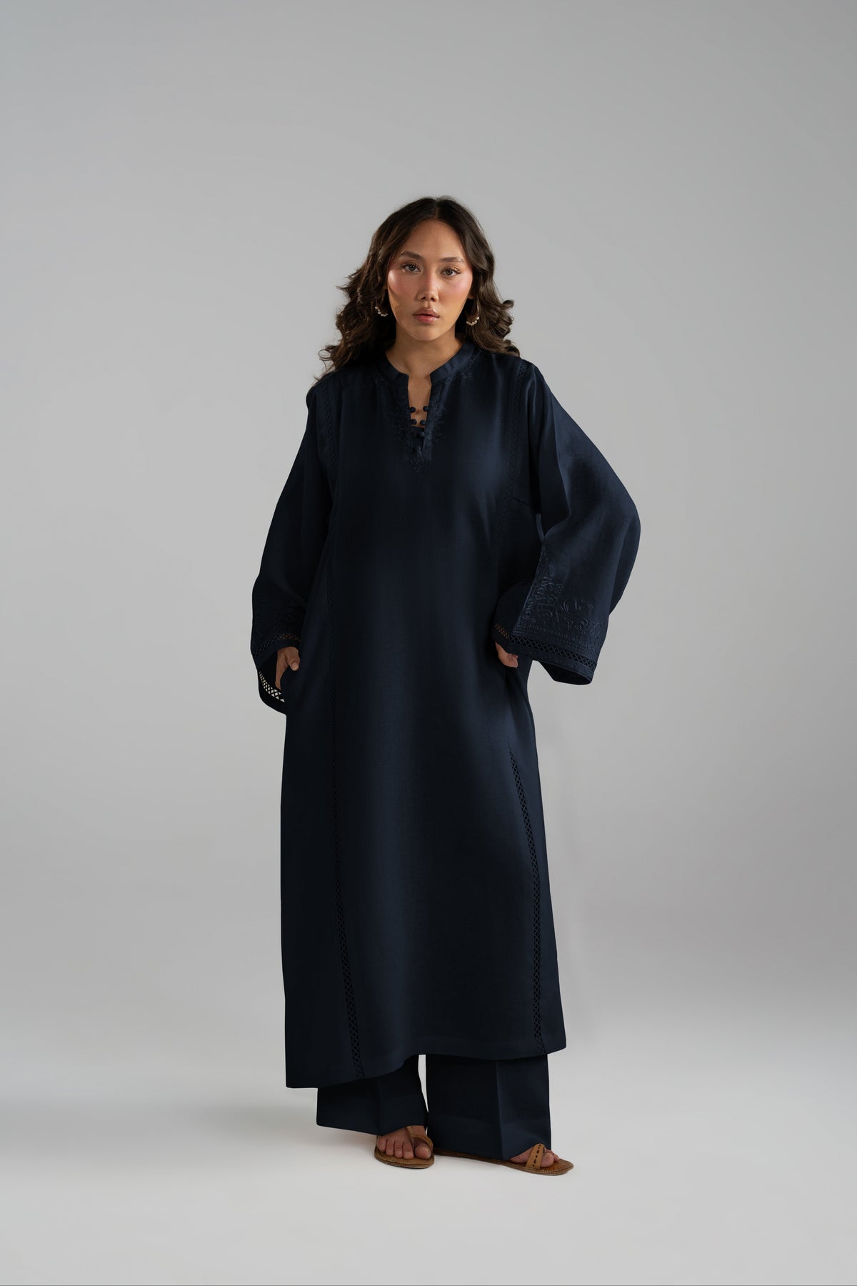 Nova linen Set navy long shirt with aari embroidery and lace inserts, straight leg trousers