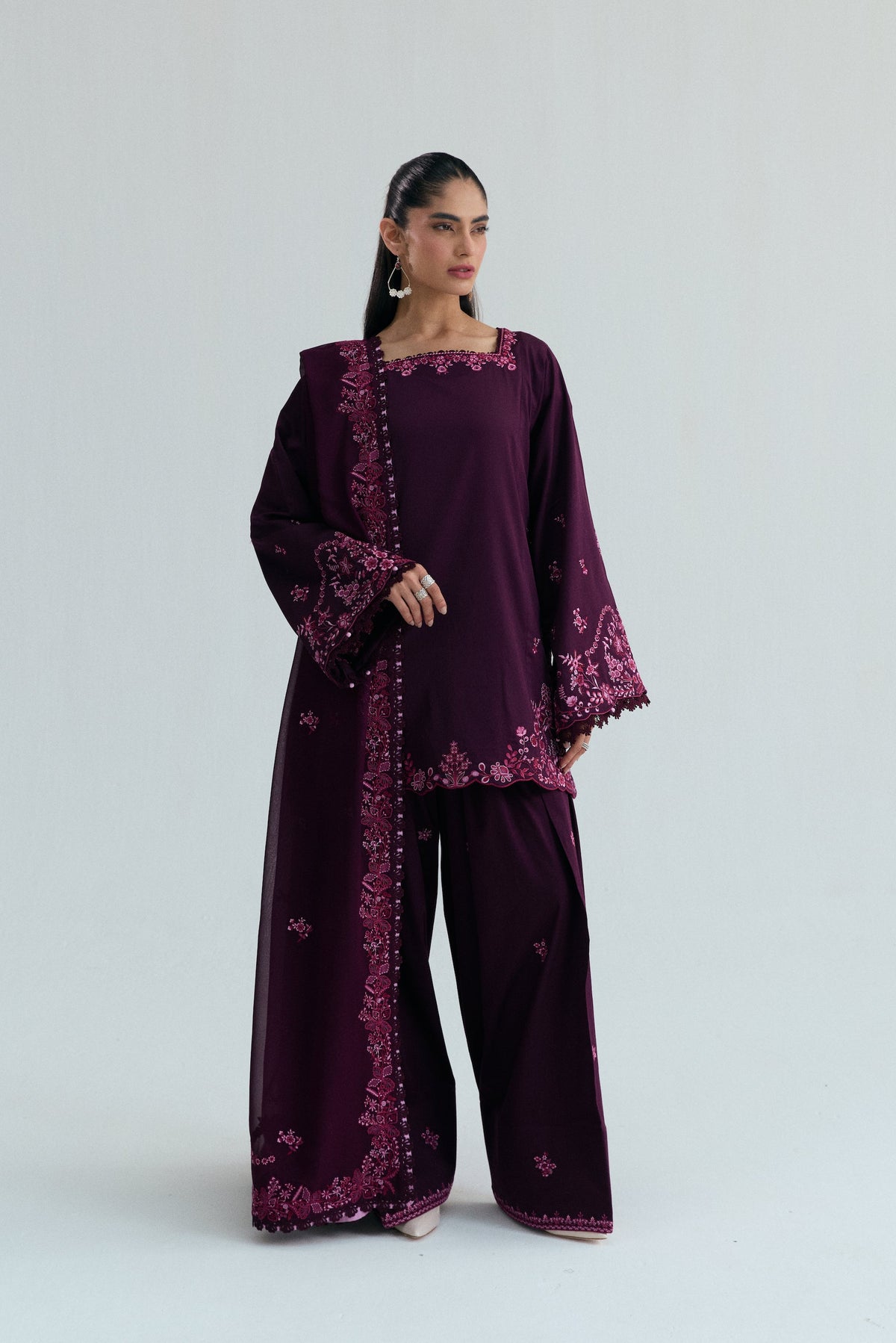 Plum set with a structured square-neck kameez, embroidered farshi shalwar and matching dupatta