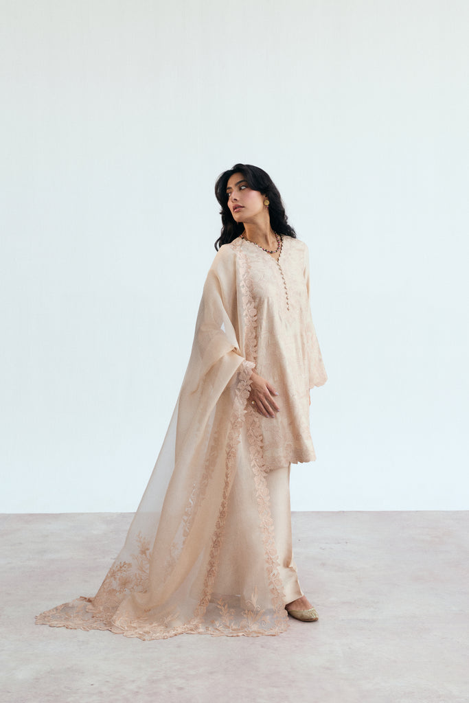 pakistani semi-formal silk wear pink/peach kameez, trousers, dupatta