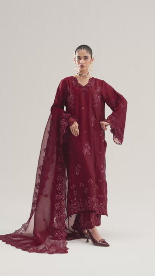 Pakistani formal wear raw silk kameez with floral threadwork and straight trousers wedding outfit