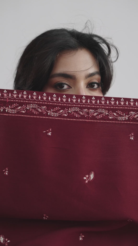 Premium red Khaddar winter pakistani ensemble for women – embroidered kameez, straight trousers, and detailed shawl for casual & semi-formal occasions