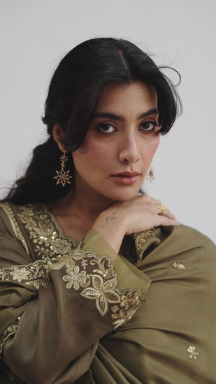 khaki three piece pakistani semi-formal wear - rayon kameez, pure silk dupatta and salwar