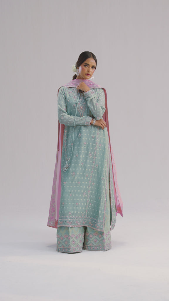 Ice blue jacquard khadi net designer suit with multicolour resham embroidery and embellished detailing