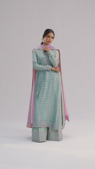 Ice blue jacquard khadi net designer suit with multicolour resham embroidery and embellished detailing