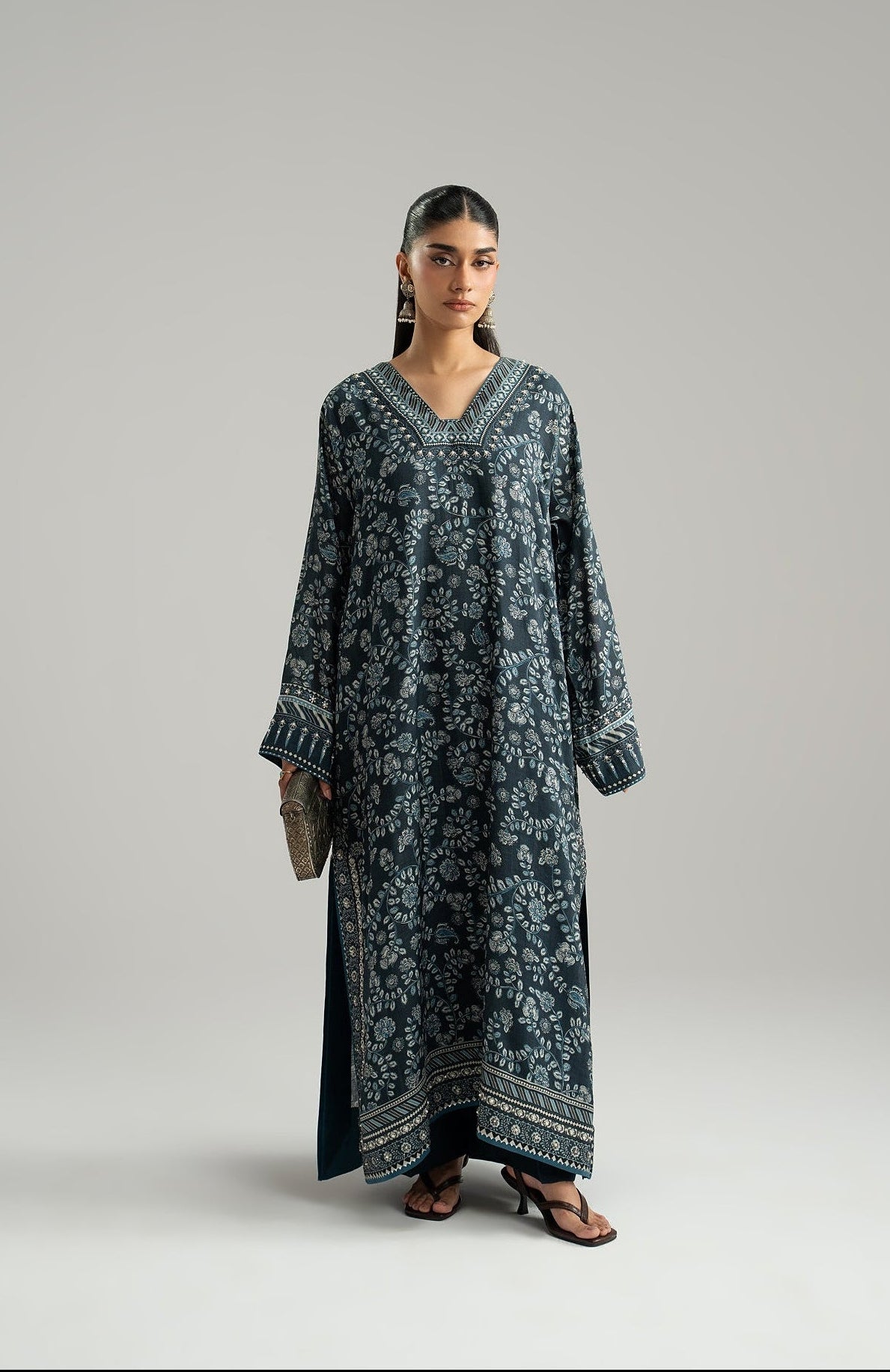 Twilight Set navy blue silk phiran with ajrak-inspired print and embellished V-neckline, full-length front view